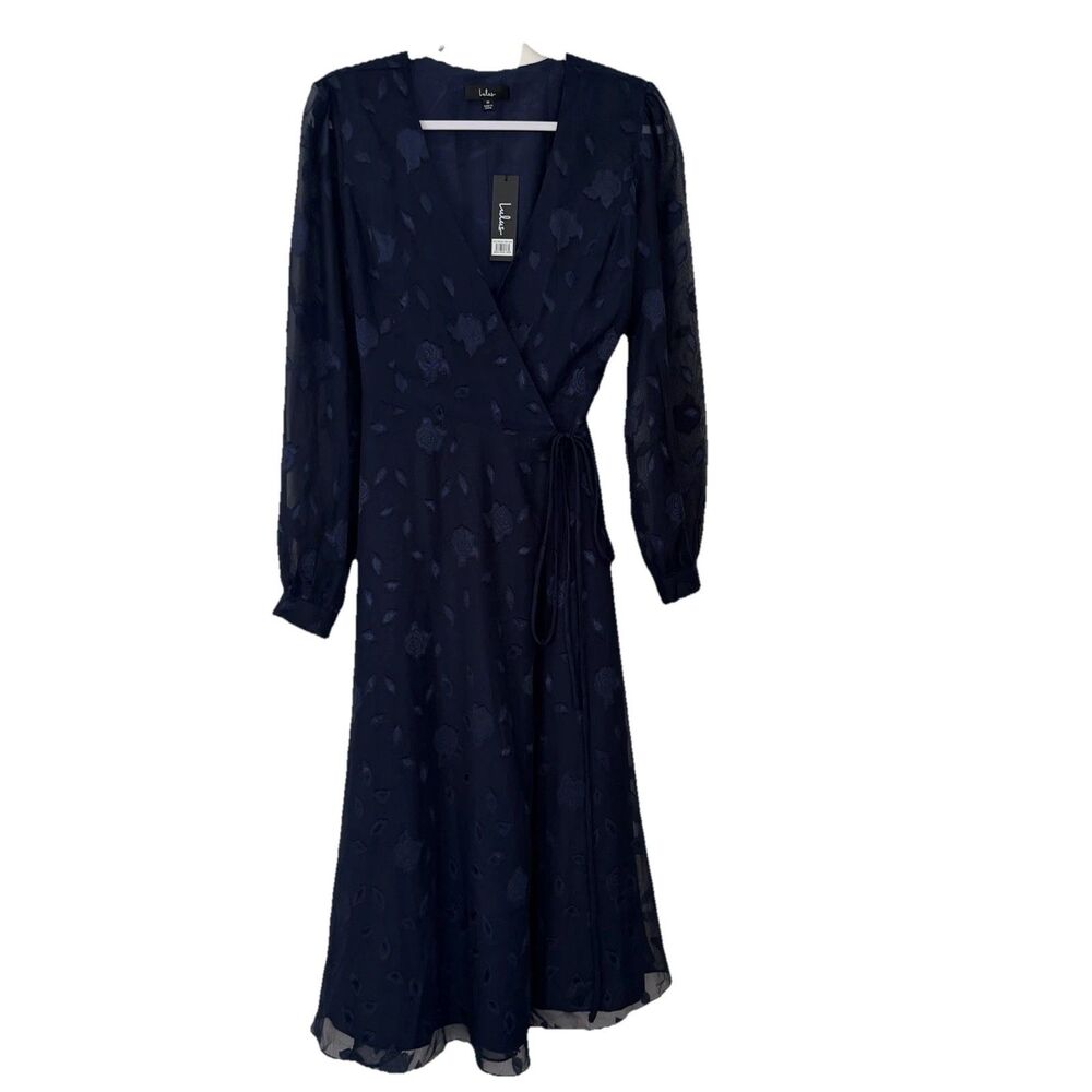 Lulus Navy Floral Burnout Chiffon Wrap Midi Dress Size M NWT Flowy Party